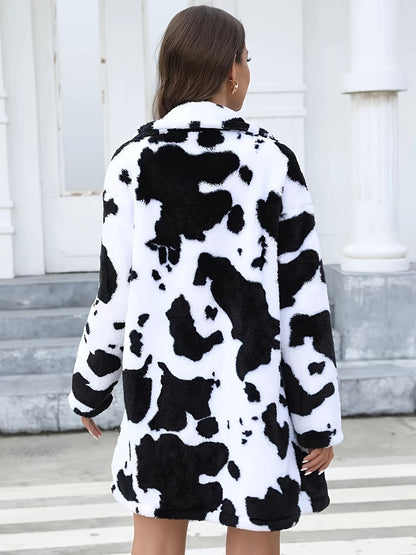 [Dalmatian Print Thermal Coat] Thermal Long Sleeve Dalmatian Print Plush Lapel Coat - Women's Fall & Winter Clothing