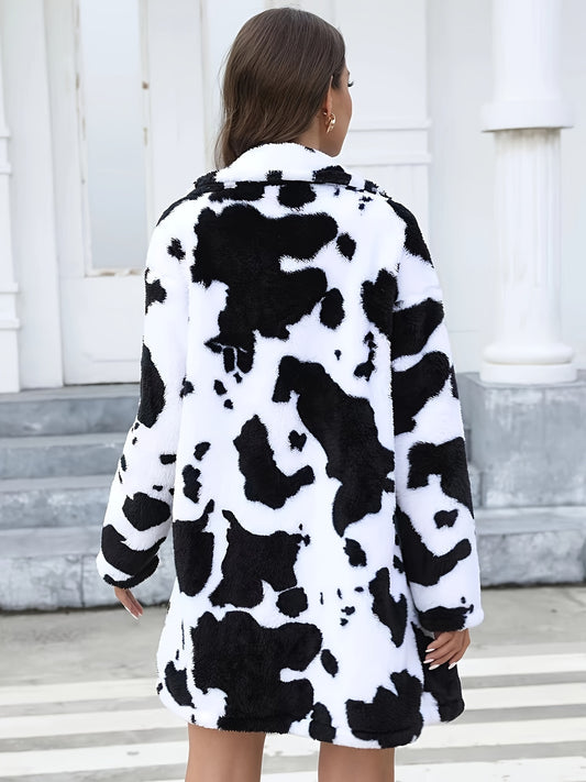 [Dalmatian Print Thermal Coat] Thermal Long Sleeve Dalmatian Print Plush Lapel Coat - Women's Fall & Winter Clothing