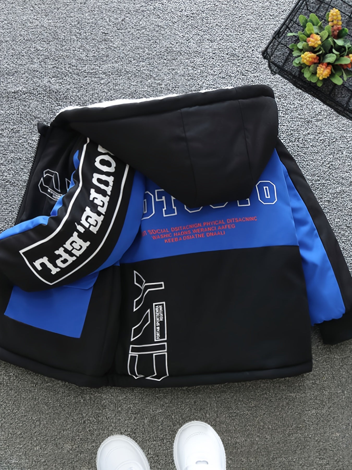 Boys Fashionable Letter Print Color Block Fleece Lining Hooded Jacket With Pockets, Long Sleeve Zip Up Jacket, Kids Clothes For Fall Winter Outdoor