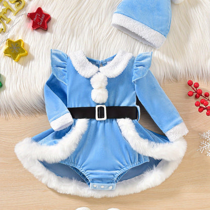2pcs Set Baby Girls' Soft Plush Patchwork Christmas Romper Dress & Hat Set - Blue & White Winter Outfit with Ruffled Sleeves, Snap Closure Jumpsuit, Machine Washable Winter Clothes for &, Festive Outfit for Christmas Photos &