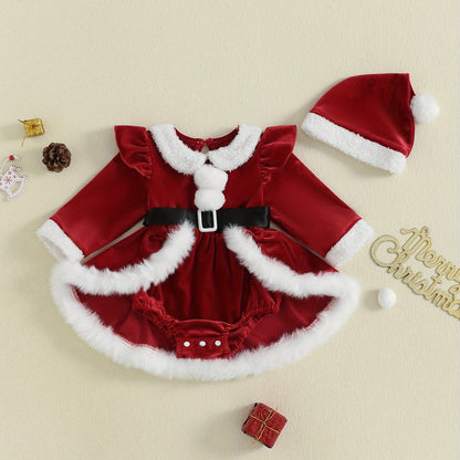 2pcs Set Baby Girls' Soft Plush Patchwork Christmas Romper Dress & Hat Set - Blue & White Winter Outfit with Ruffled Sleeves, Snap Closure Jumpsuit, Machine Washable Winter Clothes for &, Festive Outfit for Christmas Photos &