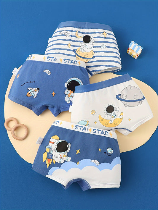 4pcs Kid & Teen Boy's Cotton Boxer Briefs, Cute Cartoon Astronaut Pattern Print Shorts, Comfy Breathable Soft Underwear, Kids Clothes Suitable For All Seasons