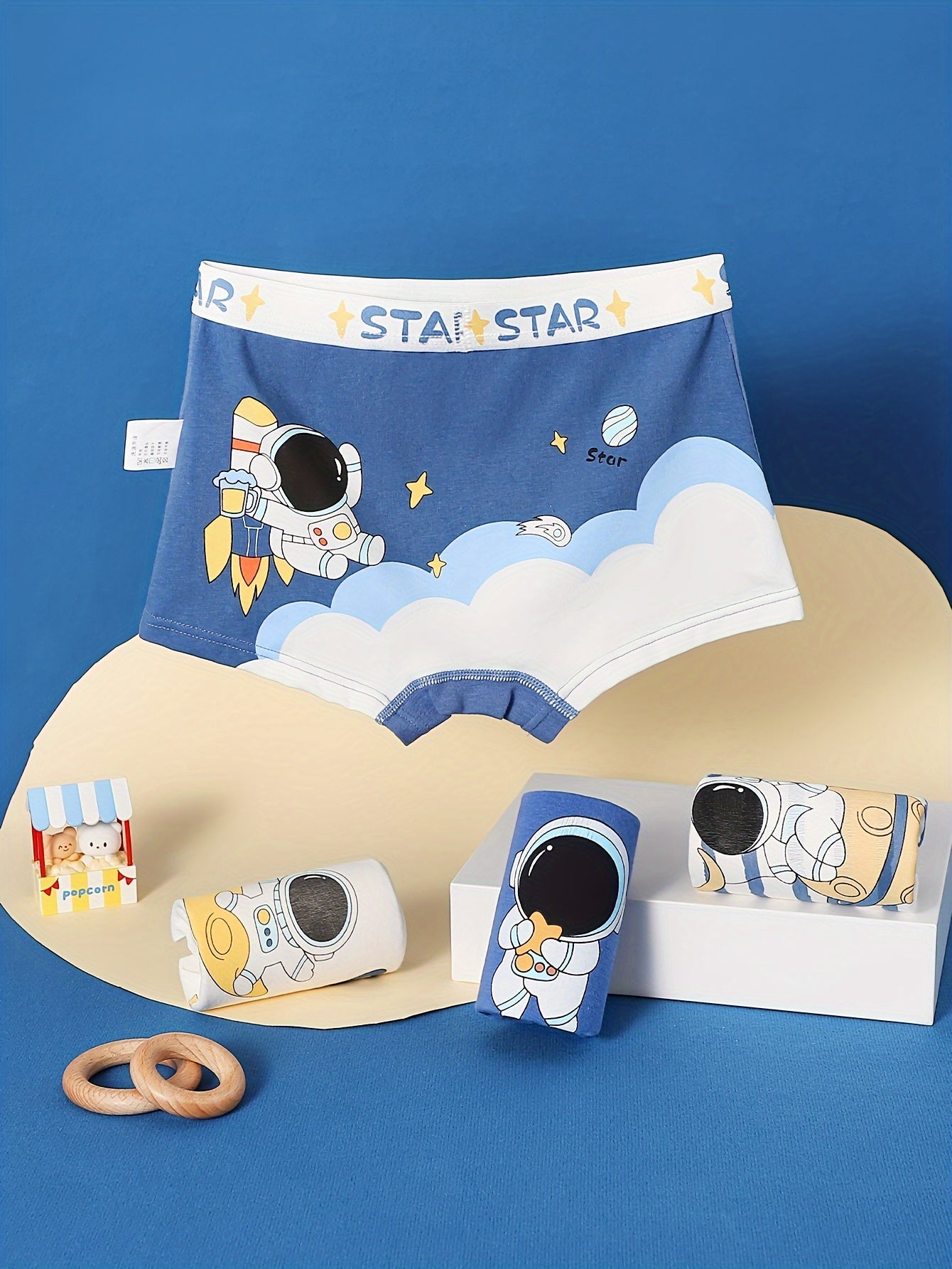 4pcs Kid & Teen Boy's Cotton Boxer Briefs, Cute Cartoon Astronaut Pattern Print Shorts, Comfy Breathable Soft Underwear, Kids Clothes Suitable For All Seasons