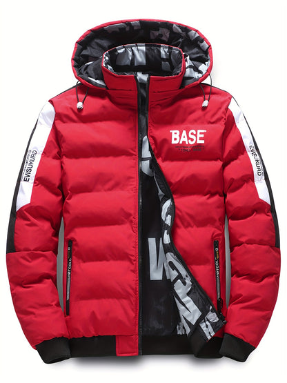 Men's Dual-Sided Winter Jacket - Warm Fleece-Lined, Casual Hooded Outerwear with Zipper Pockets, Beige and Black Camouflage Detail, Polyester, Winter Clothes
