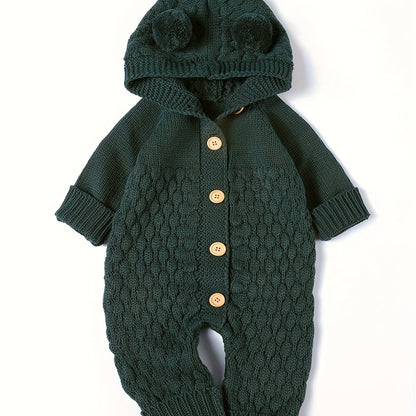 Baby 3D Pom-Pom Hooded Knit Jumpsuit - Soft Green Acrylic Romper with Ruffled Sleeves & Cuffs, Unisex Winter Outfit for &, Baby Winter Clothes, Cozy Baby Wear, Playful Baby Design, Comfortable Snap Closures, Perfect for Outdo