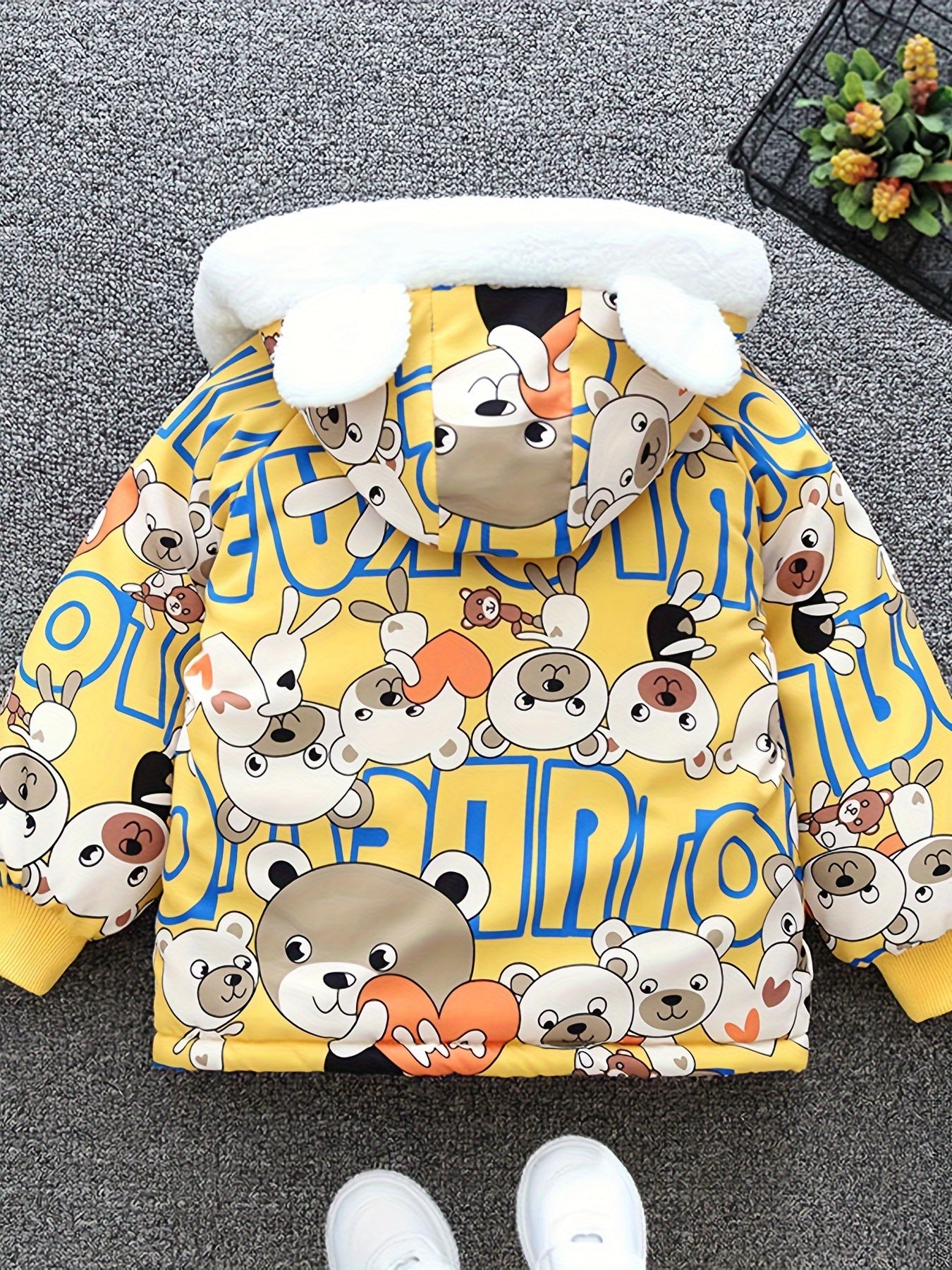 Boys Cartoon Bear Full Print Fleece Lining Hooded Jacket, Long Sleeve Zip Up Warm Jacket, Kids' Clothes For Spring Fall Winter Outdoor