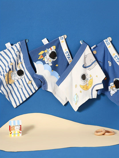 4pcs Kid & Teen Boy's Cotton Boxer Briefs, Cute Cartoon Astronaut Pattern Print Shorts, Comfy Breathable Soft Underwear, Kids Clothes Suitable For All Seasons