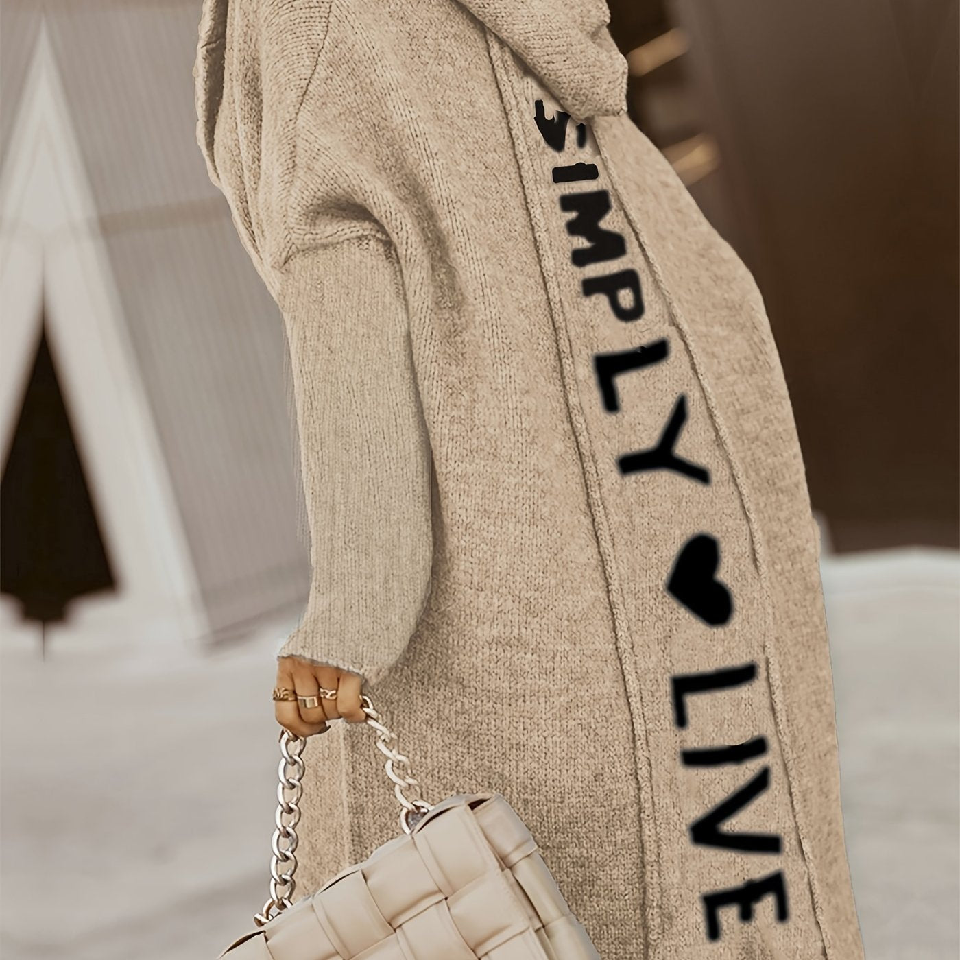 100% Polyester Long Sleeve V-Neck Hooded Knit Cardigan - Women's Casual Sweater with Pocket - Alphabet Pattern Fall/Winter Clothing