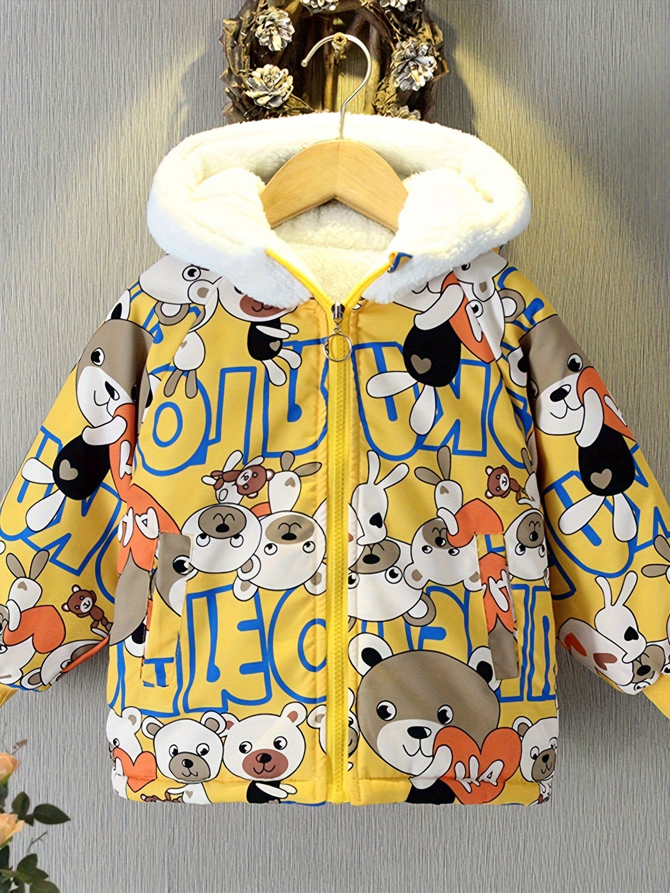 Boys Cartoon Bear Full Print Fleece Lining Hooded Jacket, Long Sleeve Zip Up Warm Jacket, Kids' Clothes For Spring Fall Winter Outdoor