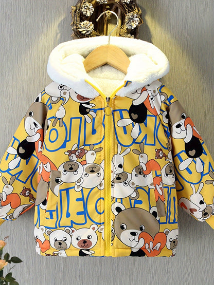 Boys Cartoon Bear Full Print Fleece Lining Hooded Jacket, Long Sleeve Zip Up Warm Jacket, Kids' Clothes For Spring Fall Winter Outdoor