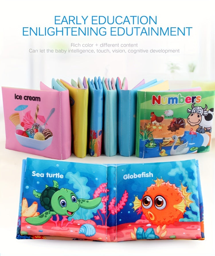 A Set Of 6 Cloth Book Baby Cloth Books Set, Wild Animal Cloth Book, Sea Animal Cloth Book, Fruit Cloth Book, Food Cloth Book Ocean Cloth Book, Character Cloth Book, Early Education Baby Toy Soft Book
