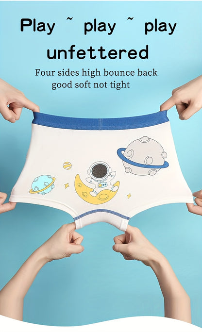 4pcs Kid & Teen Boy's Cotton Boxer Briefs, Cute Cartoon Astronaut Pattern Print Shorts, Comfy Breathable Soft Underwear, Kids Clothes Suitable For All Seasons