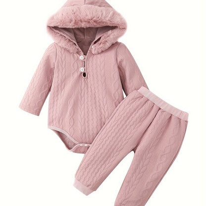 Baby Winter Clothing Set, Baby Girl Hooded Long-Sleeved Jumpsuit + Long Pants Two-Piece Set, for Outdoor