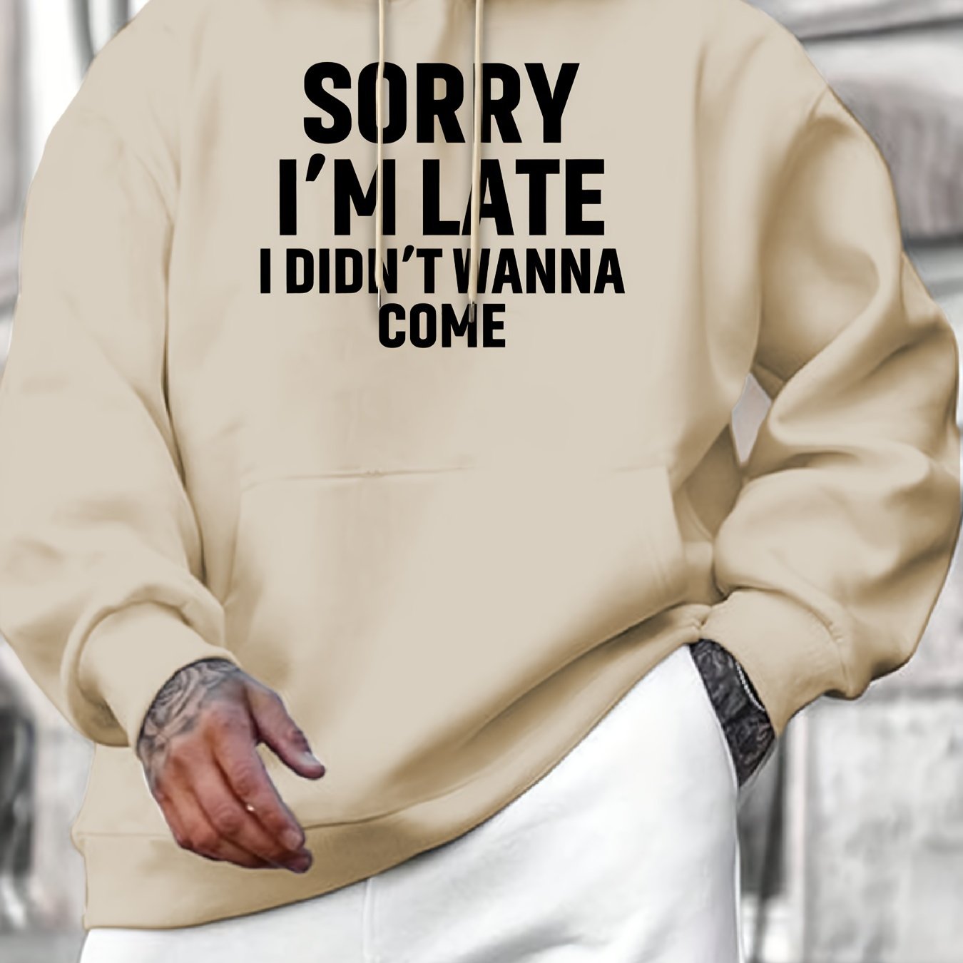 Casual Long Sleeve Hoodies - Sorry I'm Late I Didn't Wanna Come Print Kangaroo Pocket Hoodie - Pullover Sweatshirt for Men, Fall Winter Clothing