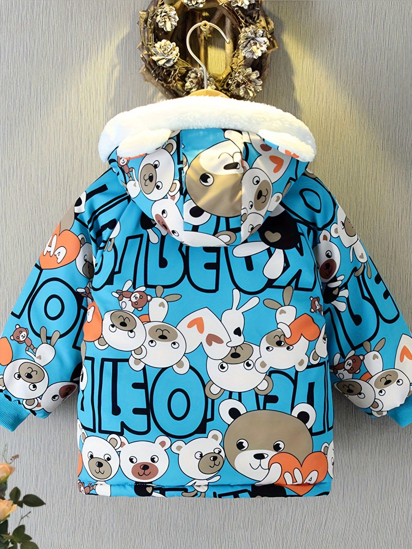 Boys Cartoon Bear Full Print Fleece Lining Hooded Jacket, Long Sleeve Zip Up Warm Jacket, Kids' Clothes For Spring Fall Winter Outdoor