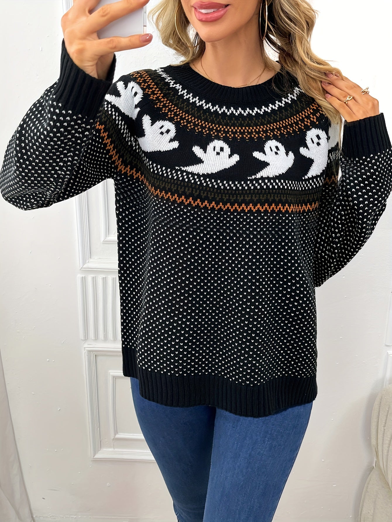 Womens Halloween Ghost Pattern Sweater - Fashionable Long Sleeves, Cozy Crew Neck, Timeless Vintage Style - Premium Autumn/Winter Clothing