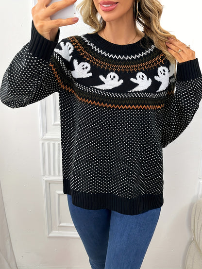 Womens Halloween Ghost Pattern Sweater - Fashionable Long Sleeves, Cozy Crew Neck, Timeless Vintage Style - Premium Autumn/Winter Clothing