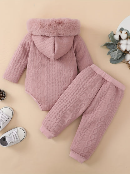 Baby Winter Clothing Set, Baby Girl Hooded Long-Sleeved Jumpsuit + Long Pants Two-Piece Set, for Outdoor