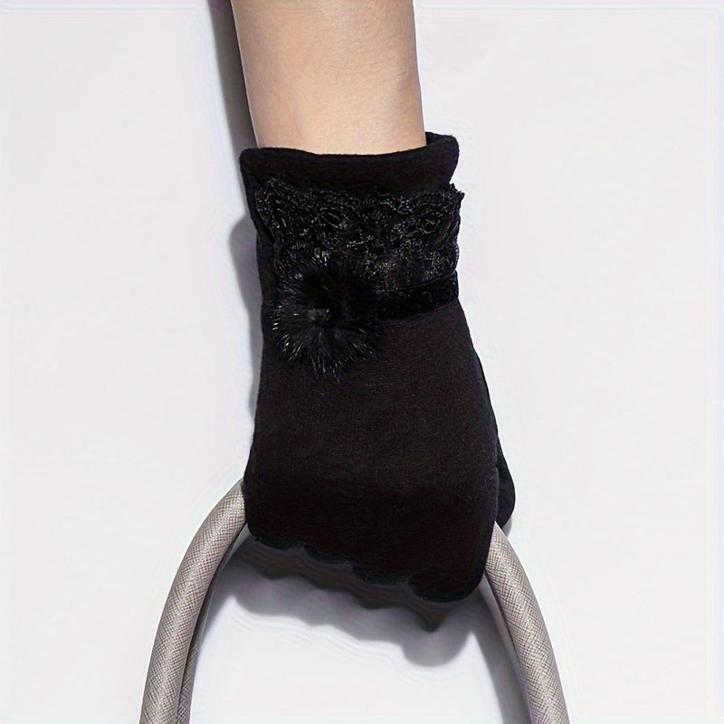 Elegant Women's Touchscreen Winter Gloves - Warm, Windproof Thick Polyester with Lace Cuff and Pom-Pom Detail, Perfect for Cold Weather Outdoor Activities, Winter Clothes