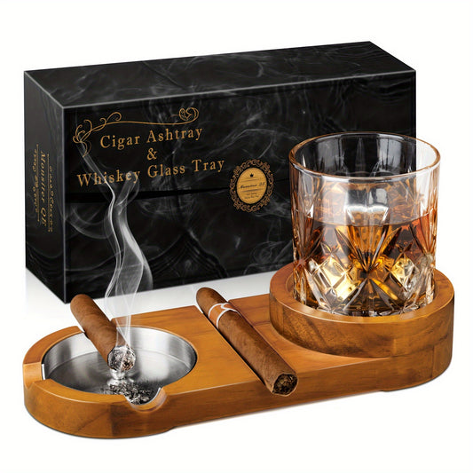 1pc Ashtrays, Whiskey Glass Tray And Cigar Holder For Indoor Outdoor, Wooden Ash Tray Detachable Ashtray For Cigarettes, Cigar Accessories Decor For Home Office Cigar Gifts For Men, Father