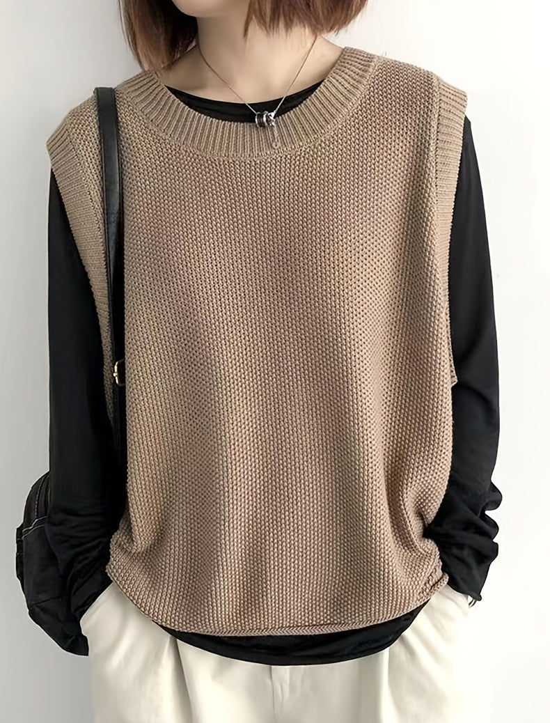 Women's Casual Solid Crew Neck Knitted Sleeveless Loose Fit Vest Sweater, Soft and Cozy Winter Clothing
