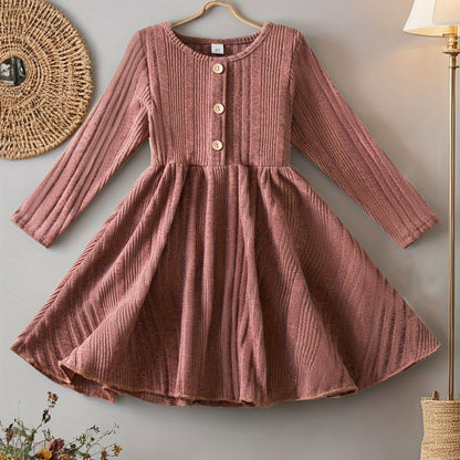 Toddler Girl Long Sleeve Knit Dress For Baby Girls Casual Kids Clothes Soft Slight Stretch Fabric, Button Decor Pleated Hem Perfect For Autumn Winter Seasons