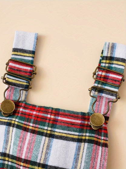 Baby Autumn and Winter Clothing Set Baby Girls 0-18 Months Romper and Plaid Strap Skirt and Headband