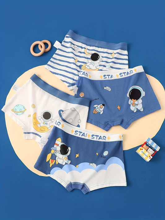 4pcs Kid & Teen Boy's Cotton Boxer Briefs, Cute Cartoon Astronaut Pattern Print Shorts, Comfy Breathable Soft Underwear, Kids Clothes Suitable For All Seasons