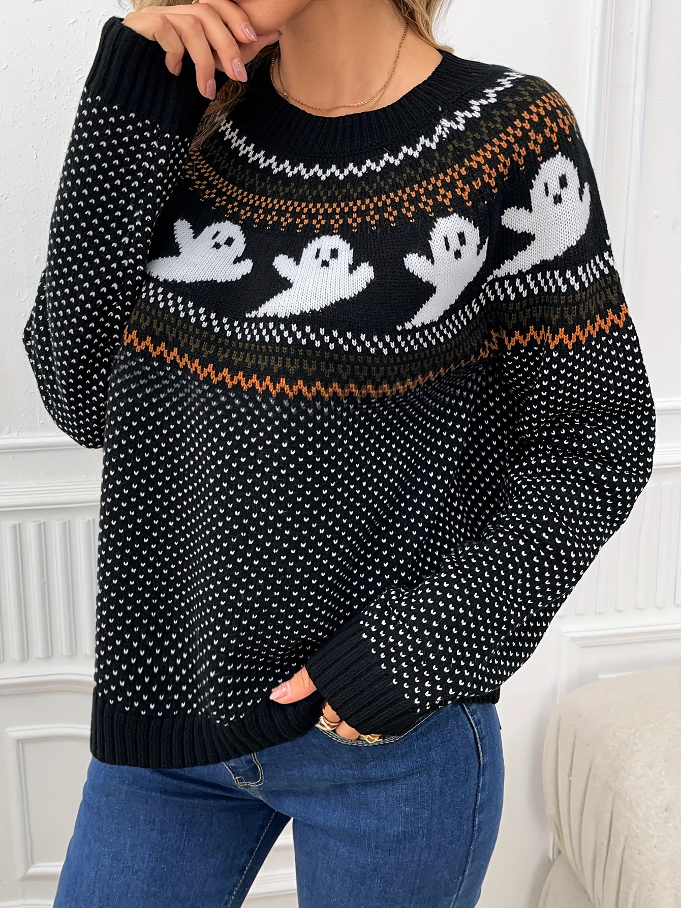 Womens Halloween Ghost Pattern Sweater - Fashionable Long Sleeves, Cozy Crew Neck, Timeless Vintage Style - Premium Autumn/Winter Clothing