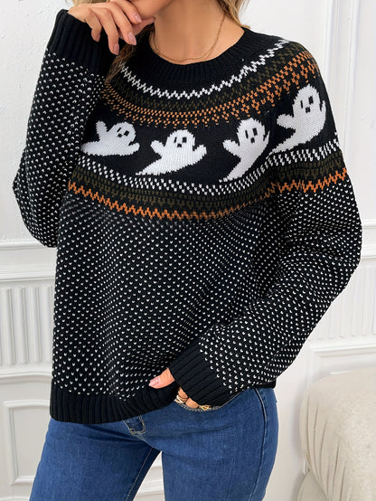 Womens Halloween Ghost Pattern Sweater - Fashionable Long Sleeves, Cozy Crew Neck, Timeless Vintage Style - Premium Autumn/Winter Clothing