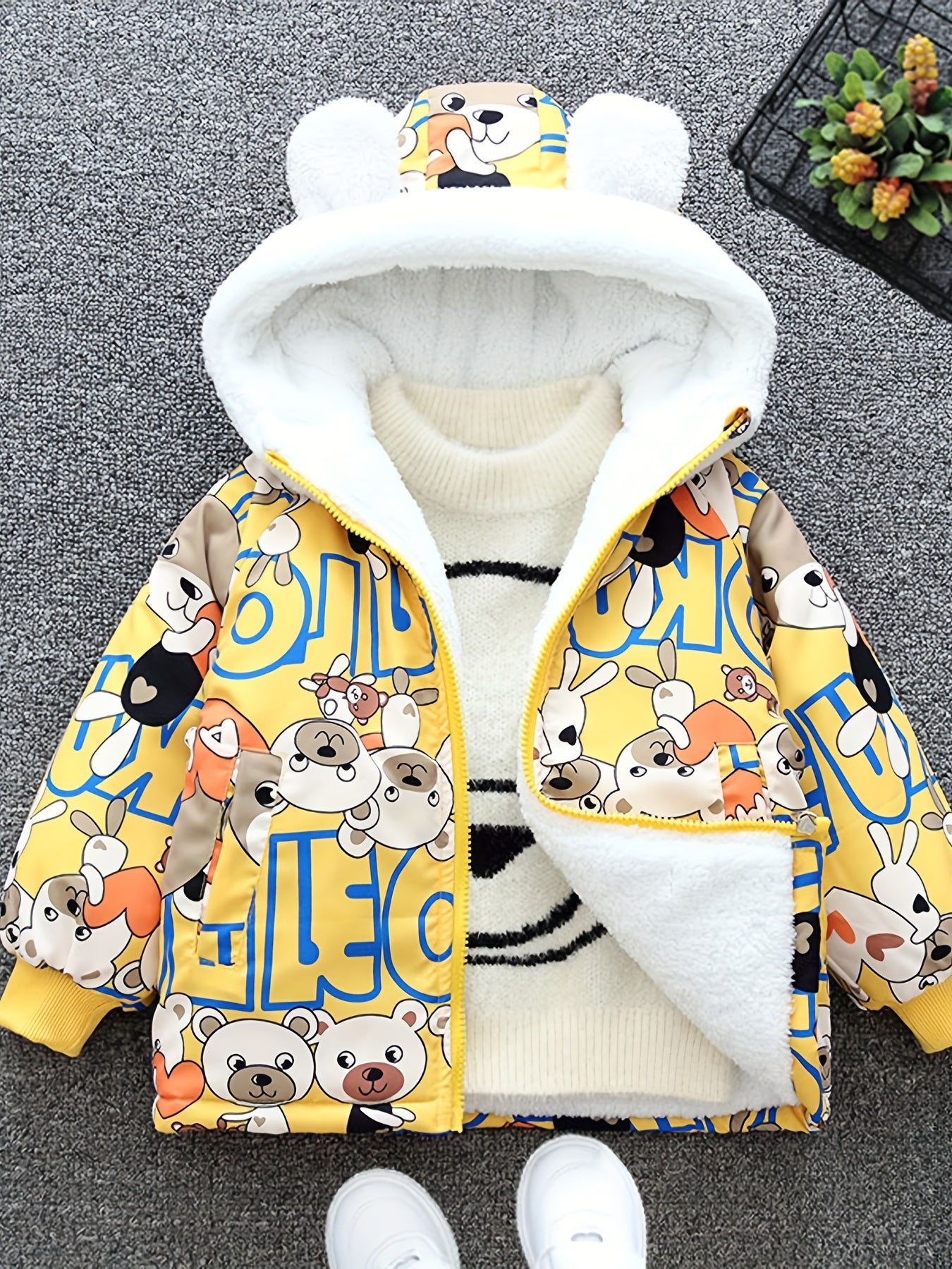 Boys Cartoon Bear Full Print Fleece Lining Hooded Jacket, Long Sleeve Zip Up Warm Jacket, Kids' Clothes For Spring Fall Winter Outdoor