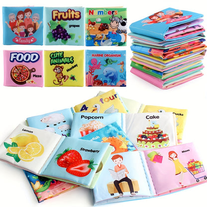A Set Of 6 Cloth Book Baby Cloth Books Set, Wild Animal Cloth Book, Sea Animal Cloth Book, Fruit Cloth Book, Food Cloth Book Ocean Cloth Book, Character Cloth Book, Early Education Baby Toy Soft Book