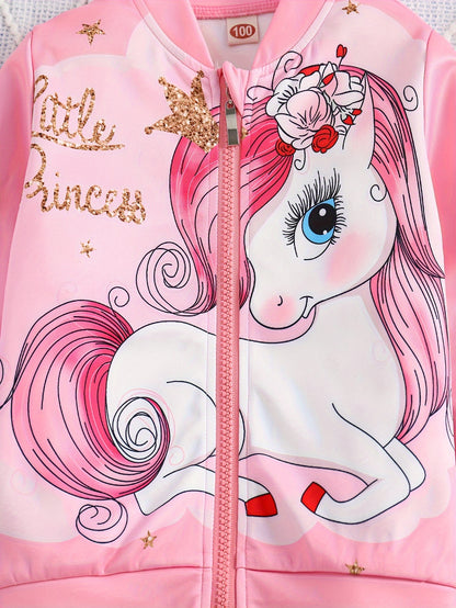 Cute Toddler Girls 2pc Lovely Unicorn Princess Graphic Zip Jacket + Jogger Pants Set Kids Clothes Spring Fall Gift