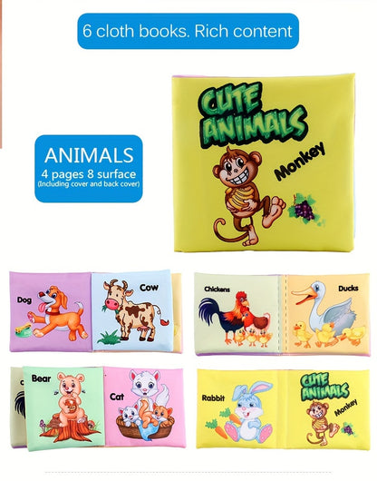 A Set Of 6 Cloth Book Baby Cloth Books Set, Wild Animal Cloth Book, Sea Animal Cloth Book, Fruit Cloth Book, Food Cloth Book Ocean Cloth Book, Character Cloth Book, Early Education Baby Toy Soft Book