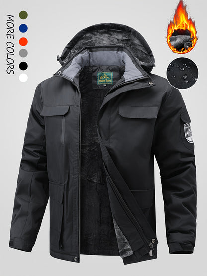 Men's Winter Fleece-Lined Jacket - Navy Blue Thickened Outdoor Hooded Coat with Zipper Pockets, Warm & Stylish for Cold Weather, Winter Clothes