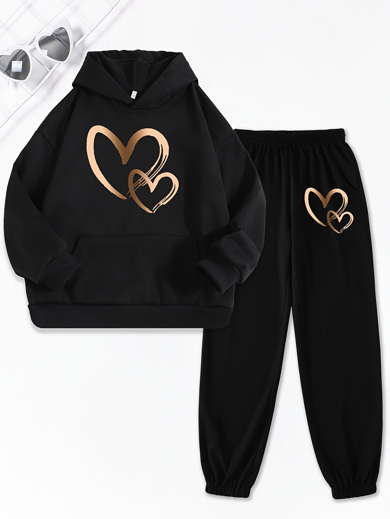 Girls 2pcs Print Hooded Sweatshirt & Letter Print Jogger Pants Set Kids Clothes For Gift, Sports, for Outdoor