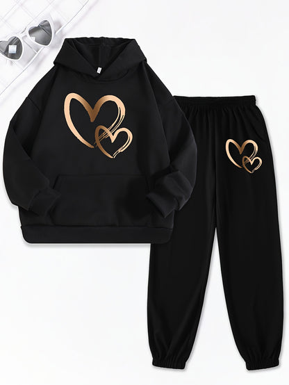 Girls 2pcs Print Hooded Sweatshirt & Letter Print Jogger Pants Set Kids Clothes For Gift, Sports, for Outdoor