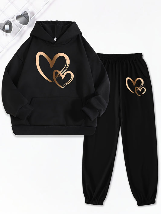 Girls 2pcs Print Hooded Sweatshirt & Letter Print Jogger Pants Set Kids Clothes For Gift, Sports, for Outdoor