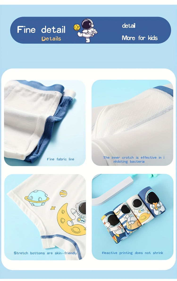 4pcs Kid & Teen Boy's Cotton Boxer Briefs, Cute Cartoon Astronaut Pattern Print Shorts, Comfy Breathable Soft Underwear, Kids Clothes Suitable For All Seasons