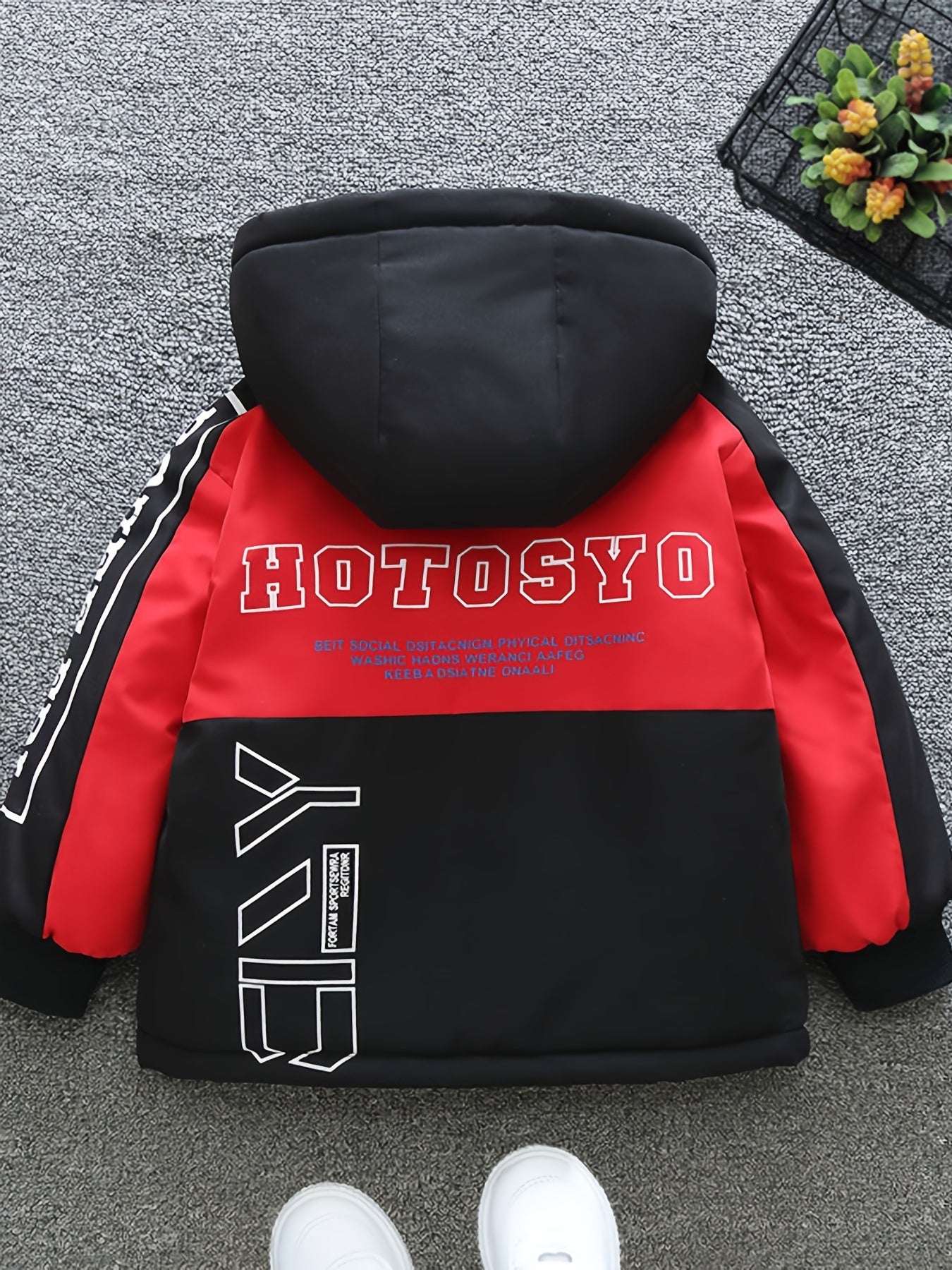 Boys Fashionable Letter Print Color Block Fleece Lining Hooded Jacket With Pockets, Long Sleeve Zip Up Jacket, Kids Clothes For Fall Winter Outdoor