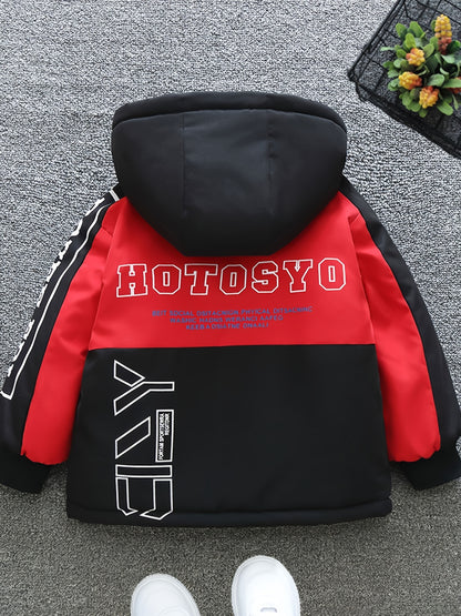 Boys Fashionable Letter Print Color Block Fleece Lining Hooded Jacket With Pockets, Long Sleeve Zip Up Jacket, Kids Clothes For Fall Winter Outdoor