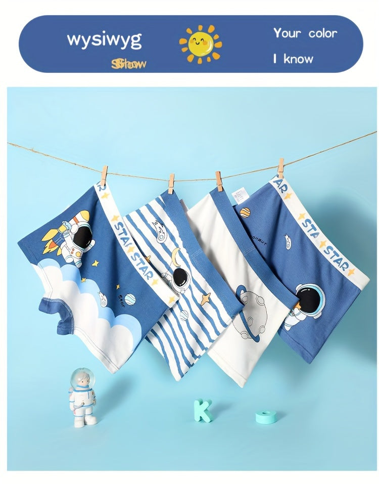 4pcs Kid & Teen Boy's Cotton Boxer Briefs, Cute Cartoon Astronaut Pattern Print Shorts, Comfy Breathable Soft Underwear, Kids Clothes Suitable For All Seasons