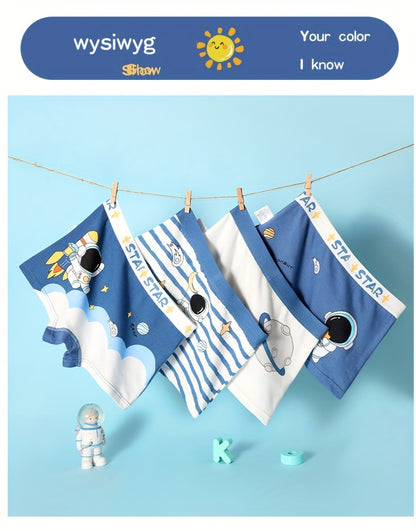 4pcs Kid & Teen Boy's Cotton Boxer Briefs, Cute Cartoon Astronaut Pattern Print Shorts, Comfy Breathable Soft Underwear, Kids Clothes Suitable For All Seasons