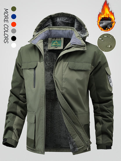Men's Winter Fleece-Lined Jacket - Navy Blue Thickened Outdoor Hooded Coat with Zipper Pockets, Warm & Stylish for Cold Weather, Winter Clothes