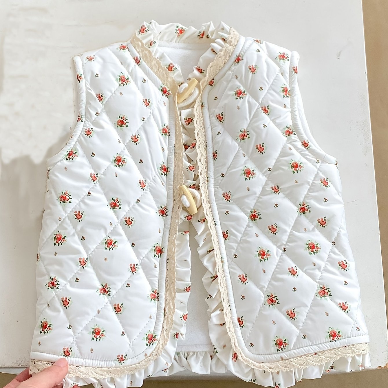 Unisex Winter Vest Jacket - Thick Warm Floral Print with Lace Trim & Cotton Padding, Sleeveless Button Front Closure, Navy Blue & White for &, Winter Clothes