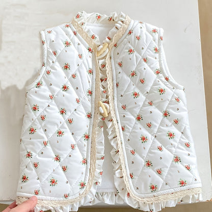 Unisex Winter Vest Jacket - Thick Warm Floral Print with Lace Trim & Cotton Padding, Sleeveless Button Front Closure, Navy Blue & White for &, Winter Clothes