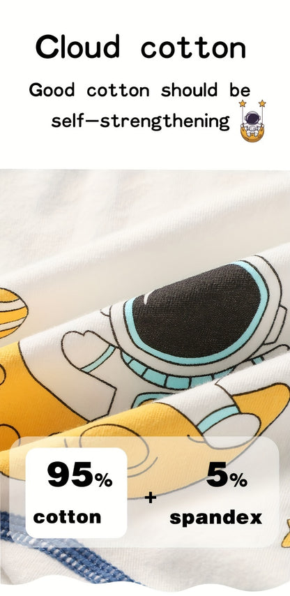 4pcs Kid & Teen Boy's Cotton Boxer Briefs, Cute Cartoon Astronaut Pattern Print Shorts, Comfy Breathable Soft Underwear, Kids Clothes Suitable For All Seasons