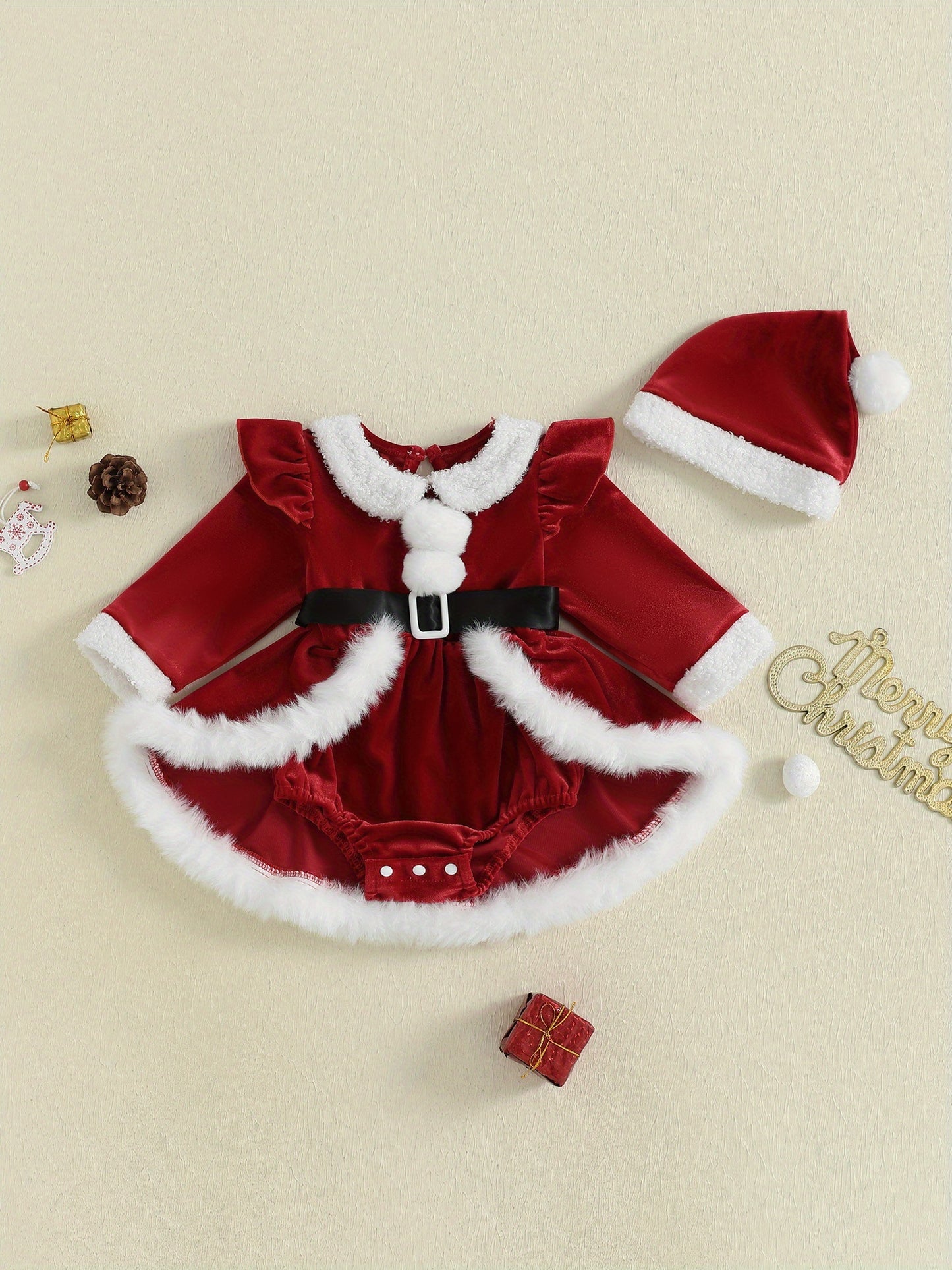 2pcs Set Baby Girls' Soft Plush Patchwork Christmas Romper Dress & Hat Set - Blue & White Winter Outfit with Ruffled Sleeves, Snap Closure Jumpsuit, Machine Washable Winter Clothes for &, Festive Outfit for Christmas Photos &