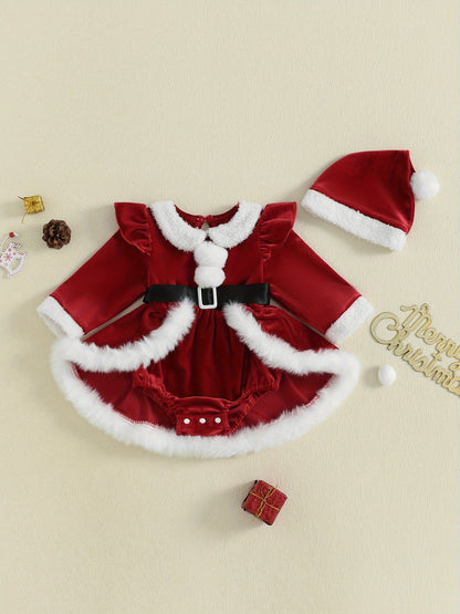2pcs Set Baby Girls' Soft Plush Patchwork Christmas Romper Dress & Hat Set - Blue & White Winter Outfit with Ruffled Sleeves, Snap Closure Jumpsuit, Machine Washable Winter Clothes for &, Festive Outfit for Christmas Photos &