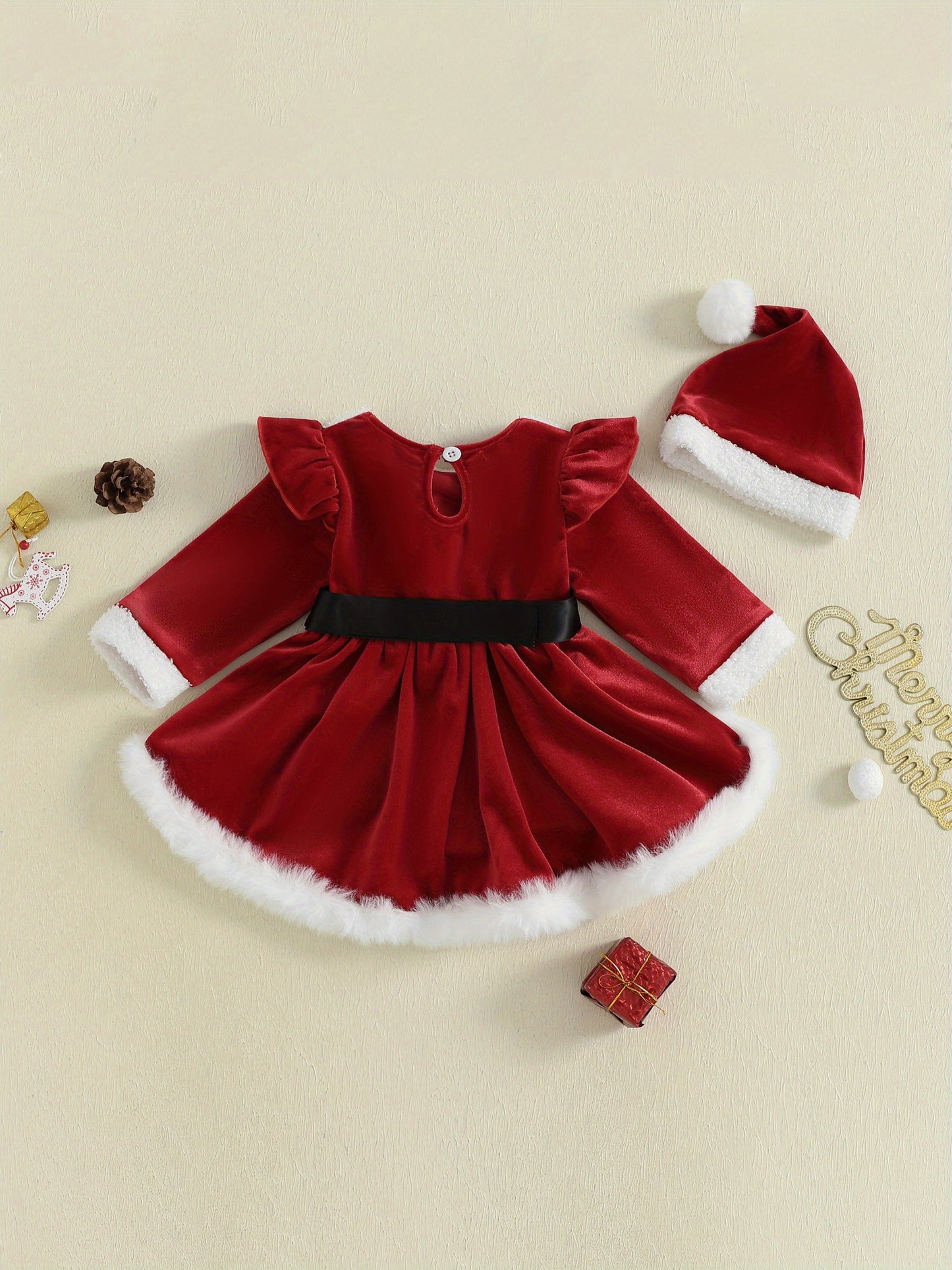 2pcs Set Baby Girls' Soft Plush Patchwork Christmas Romper Dress & Hat Set - Blue & White Winter Outfit with Ruffled Sleeves, Snap Closure Jumpsuit, Machine Washable Winter Clothes for &, Festive Outfit for Christmas Photos &